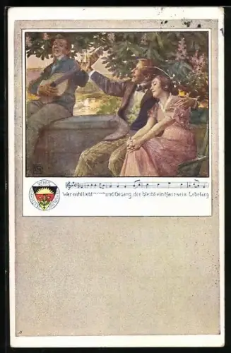 Künstler-AK Karl Friedrich Gsur: Deutscher Schulverein NR 63: Pärchen auf Holzbank lauscht Gitarrenspiel des Musikers