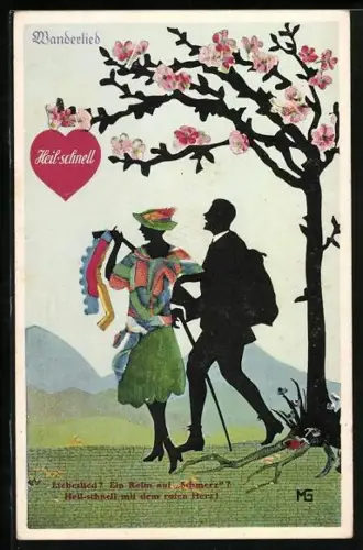 Künstler-AK Marte Graf: Wanderlied, Mann und bunt angezogene Frau singen, Silhouette