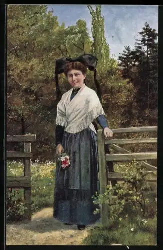 Künstler-AK Heinrich Hoffmann: Markgräflerin in Schwarzwälder Tracht mit Blumen in der Hand