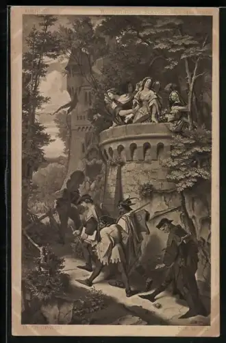 Künstler-AK Moritz von Schwind: Die Rose, Musikanten ziehen unter Burgmauer vorbei