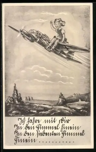 AK Mädchen sitzt auf den Tragflächen eines Bombers der Luftwaffe