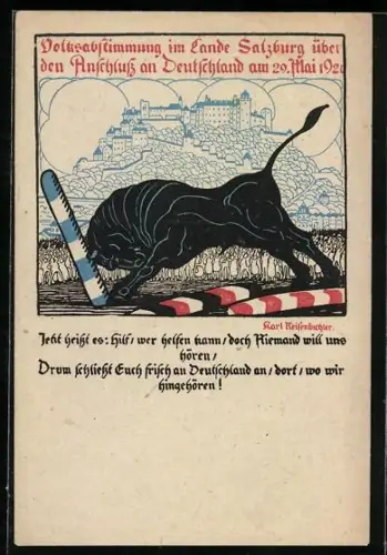 Künstler-AK Salzburg, Volksabstimmung über den Anschluss an Deutschland 1920, Ortsansicht, wütender Stier