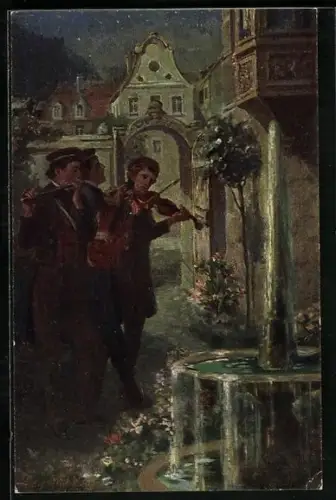 Künstler-AK Georg Mühlberg: Serie: Studentenleben, Studenten muszieren vor Brunnen