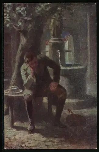Künstler-AK Georg Mühlberg: Träumender Student am Brunnen