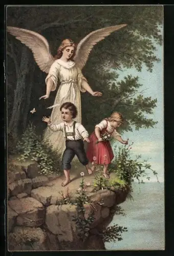 AK Schutzengel beschützt auf einem Felsen spielende Kinder