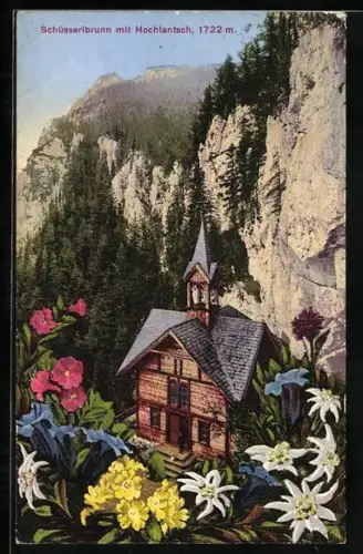 AK Breitenau am Hochlantsch, Schüsserlbrunn mit Hochlantsch, Edelweiss und Enzian