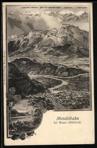 AK Bozen-Gries, Totalansicht mit Mendelbahn, Partie am Müntiggler See
