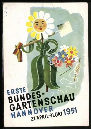 AK Hannover, Erste Bundesgartenschau 1951, Blume mit Spaten und Blumenkorb