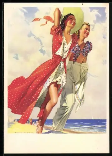Künstler-AK schöne Frauen spazieren am Strand, Reklame der Firma Indanthren