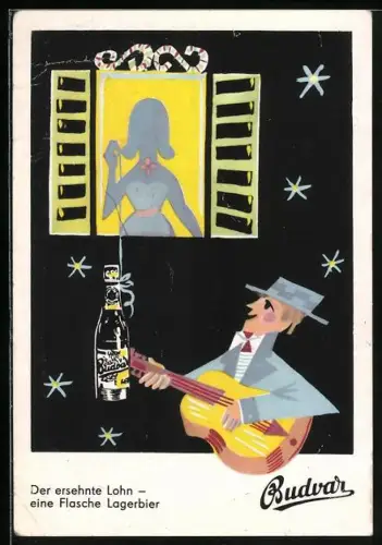 Künstler-AK Brauerei-Werbung für Budvar-Bier - Flasche Bier als Lohn für ein Ständchen