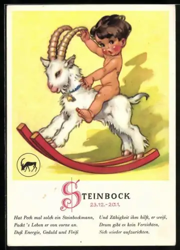 AK Sternzeichen Steinbock, Kind auf einem Schaukel-Steinbock, Spruch