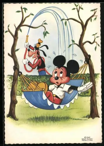AK Micky Maus wird von Goofy mit Wasser bespritzt
