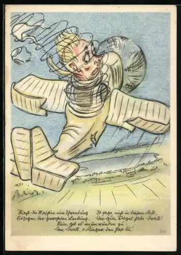 Künstler-AK Flugzeug-Pilot wird in seiner Maschine vom Sturmwind durchgerüttelt