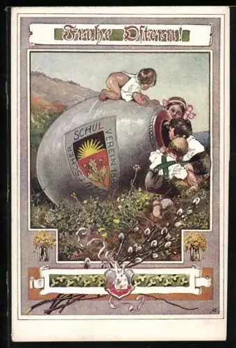 AK Deutscher Schulverein Nr.:469, Frohe Ostern, Kinder spielen an einem grossen Krug