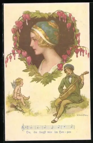 AK Deutscher Schulverein NR 1448: Du liegst mir im Herzen, verliebter Jüngling mit Gitarre und Amor