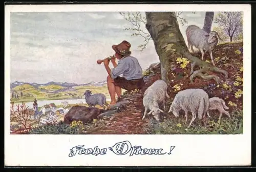 Künstler-AK Deutscher Schulverein Nr. 1862: Schafhirte mit Flöte auf einem Hügel, Ostergruss