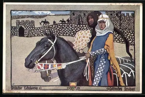 AK Deutscher Schulverein NR: 39, Gothisches Brautpaar auf Pferden