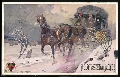 AK Deutscher Schulverein Nr. 545: Neujahresgruss, Pferdekutsche im Schnee