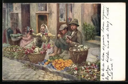 Künstler-AK sign. Hedwig Lang: Kinder beim Blumenmarkt, Deutscher Schulverein