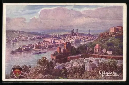 AK Passau, Gesamtansicht an der Donau von oben, Deutscher Schulverein