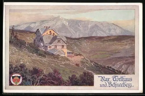 Künstler-AK Thörlhaus, Partie mit Rax und Schneeberg, Deutscher Schulverein