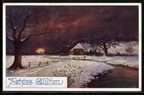 AK Deutscher Schulverein Nr. 777: Letztes Blühen, Bauernhof im Schnee