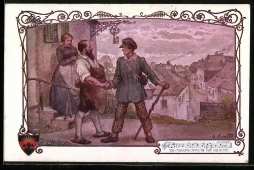 Künstler-AK Deutscher Schulverein Nr. 902: Auszug des Sohnes, Blick auf die Wohnhäuser