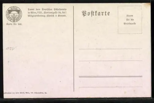 Künstler-AK Deutscher Schulverein Nr. 902: Auszug des Sohnes, Blick auf die Wohnhäuser