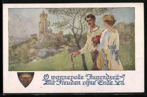 AK Deutscher Schulverein NR: 1072, O wonnevolle Jugendzeit, Paar beim Spaziergang