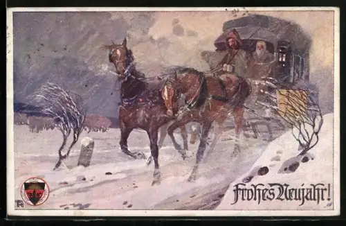 AK Deutscher Schulverein Nr. 545: Neujahresgruss, Pferdekutsche im Schnee