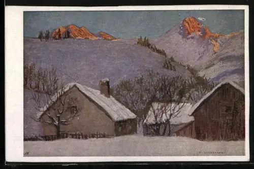 AK Deutscher Schulverein Nr. 1091: Häuser in Winterlandschaft bei scheidender Sonne