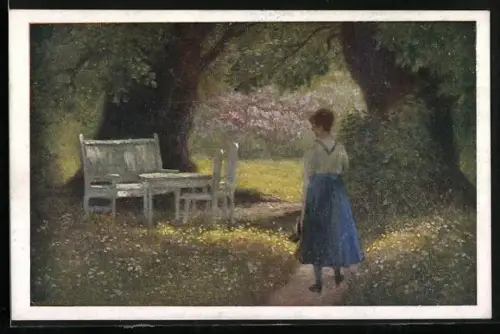 AK Deutscher Schulverein Nr. 1181: Junge Frau im Garten an einer Sitzgruppe