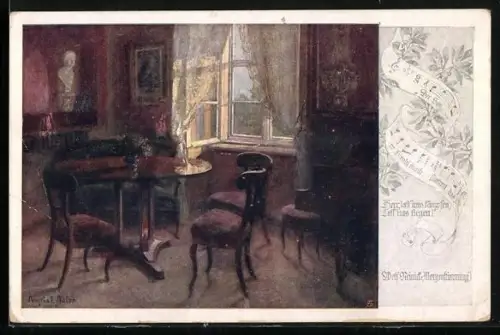 AK Deutscher Schulverein NR. 1318: Angela E. Adler: Morgenstimmung, der Schein der Morgensonne fällt durchs Fenster