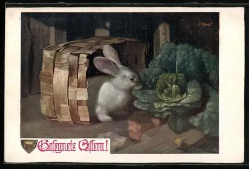 AK Deutscher Schulverein Nr. 877: Weisser Hase frisst Salat, Ostergruss