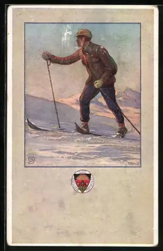 AK Deutscher Schulverein Nr. 263: Skifahrer im Abendrot, Wappen des Deutschen Schulvereins