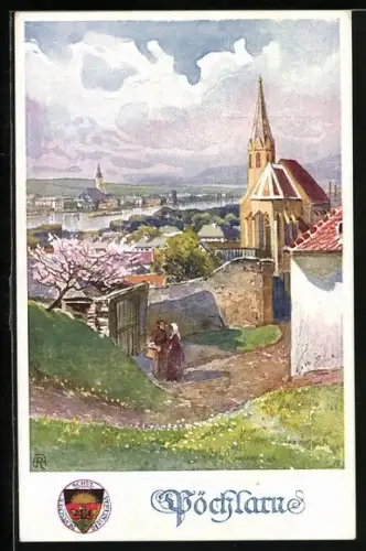 AK Deutscher Schulverein Nr. 288: Pöchlarn, Kirche im Ortsbild in der milden Frühlingssonne