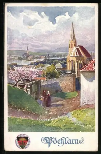 AK Deutscher Schulverein Nr. 288: Pöchlarn, Kirche im Ortsbild in der milden Frühlingssonne