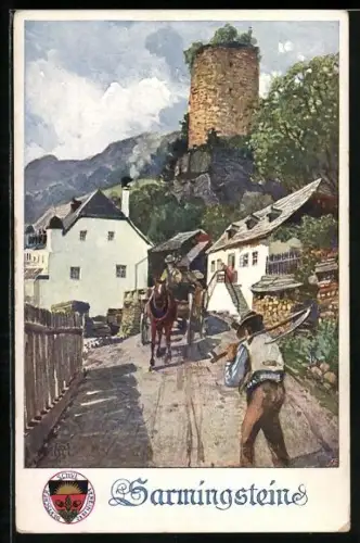 Künstler-AK Sarmingstein, Kutsche unterwegs im Ort, Deutscher Schulverein