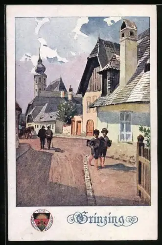 Künstler-AK E.Reckziegel: Grinzing, Ortspartie mit Leuten und Kirche, Deutscher Schulverein