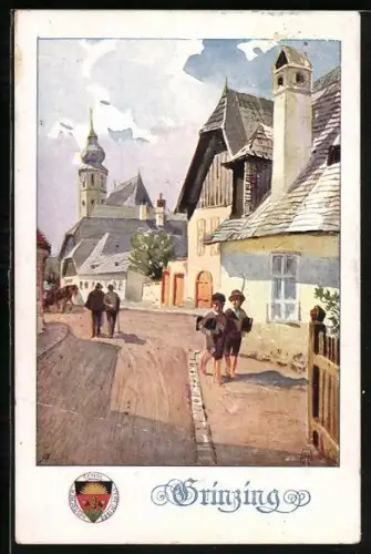 Künstler-AK E.Reckziegel: Grinzing, Ortspartie mit Leuten und Kirche, Deutscher Schulverein