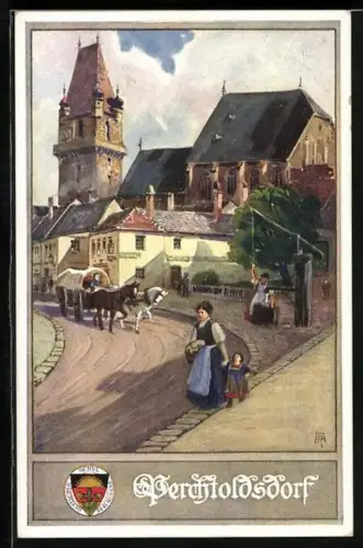 AK Deutscher Schulverein NR 174: Perchtoldsdorf, Mutter mit ihrem Kind beim Einkauf, Pferdekutsche