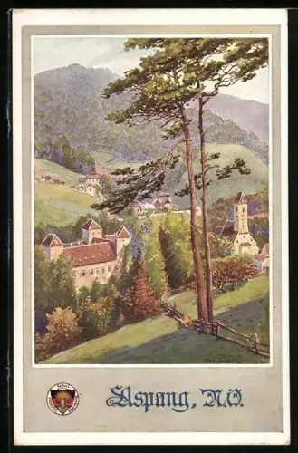 Künstler-AK Deutscher Schulverein NR 580: Aspang /N.-Oe., Ortsansicht mit Kirche