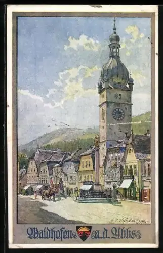 Künstler-AK Waidhofen a. d. Ybbs, Uhrenturm am Platz mit Kutsche, Deutscher Schulverein