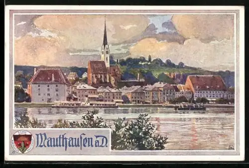 AK Deutscher Schulverein Nr. 441: Mauthausen /Donau, Ortsansicht übers Wasser gesehen