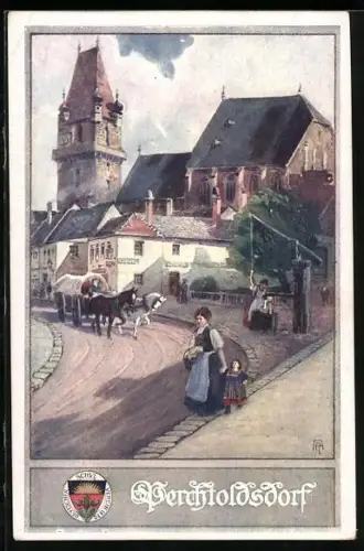 AK Deutscher Schulverein NR 174: Perchtoldsdorf, Mutter mit ihrem Kind beim Einkauf, Pferdekutsche