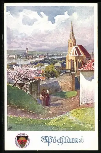 AK Deutscher Schulverein Nr. 288: Pöchlarn, Kirche im Ortsbild in der milden Frühlingssonne