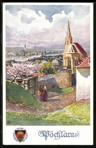 AK Deutscher Schulverein Nr. 288: Pöchlarn, Kirche im Ortsbild in der milden Frühlingssonne