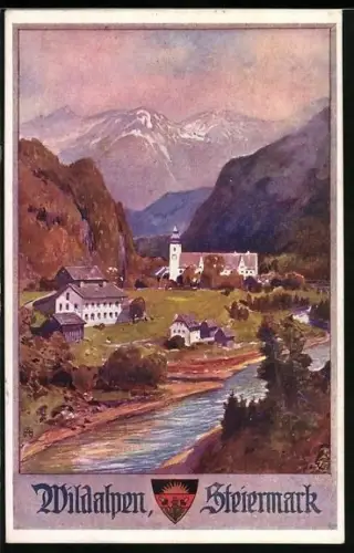 Künstler-AK Wildalpen, Ortspanorama mit Kirche und Fluss, Deutscher Schulverein
