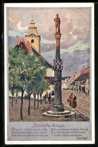 Künstler-AK Drosendorf, Ortspartie an der Rolandssäule, Deutscher Schulverein