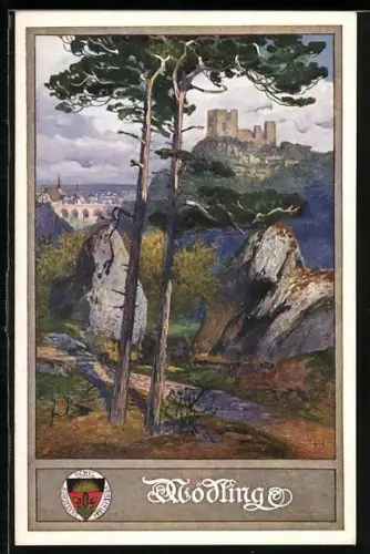 Künstler-AK Mödling, Burgruine auf dem Berg, Deutscher Schulverein